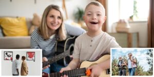 ollage illustrant trois activités de loisir : deux personnes jouent de la guitare dans un intérieur chaleureux, deux autres contemplent des œuvres abstraites dans une galerie d’art, et un duo marche avec des bâtons de randonnée en pleine nature.
